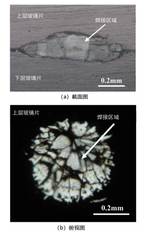 圖 6. 微分干涉差顯微鏡下的焊接區(qū)域微觀形貌（基片預(yù)熱溫度 293K，脈沖寬度 7.5ms，光束能量為 2.3J/ 脈沖）。