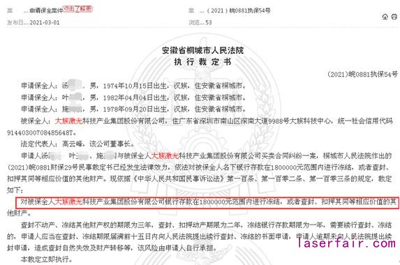 又是買賣合同糾紛！大族激光被凍結(jié)銀行存款180萬元以內(nèi)、僅一季度已三次被裁定凍結(jié)銀行存款